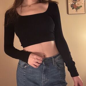 Together Black Long-Sleeve Square-Neck Crop Top